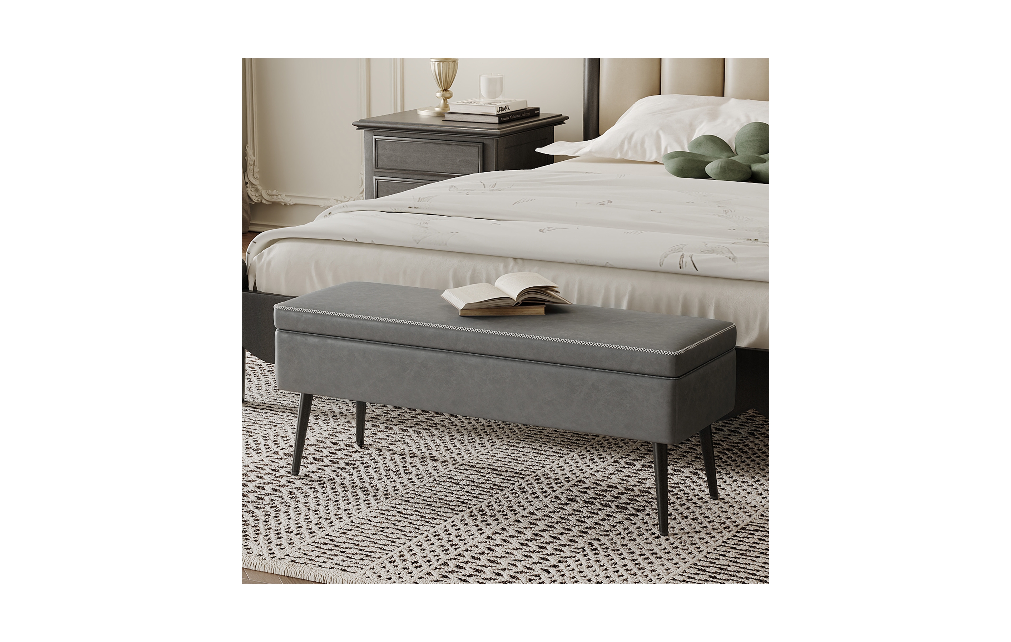 homfan Storage Ottoman Bench, Faux Leather Upholstered Shoe Bench with Dual Safety Hinges for Entryway or End of Bed