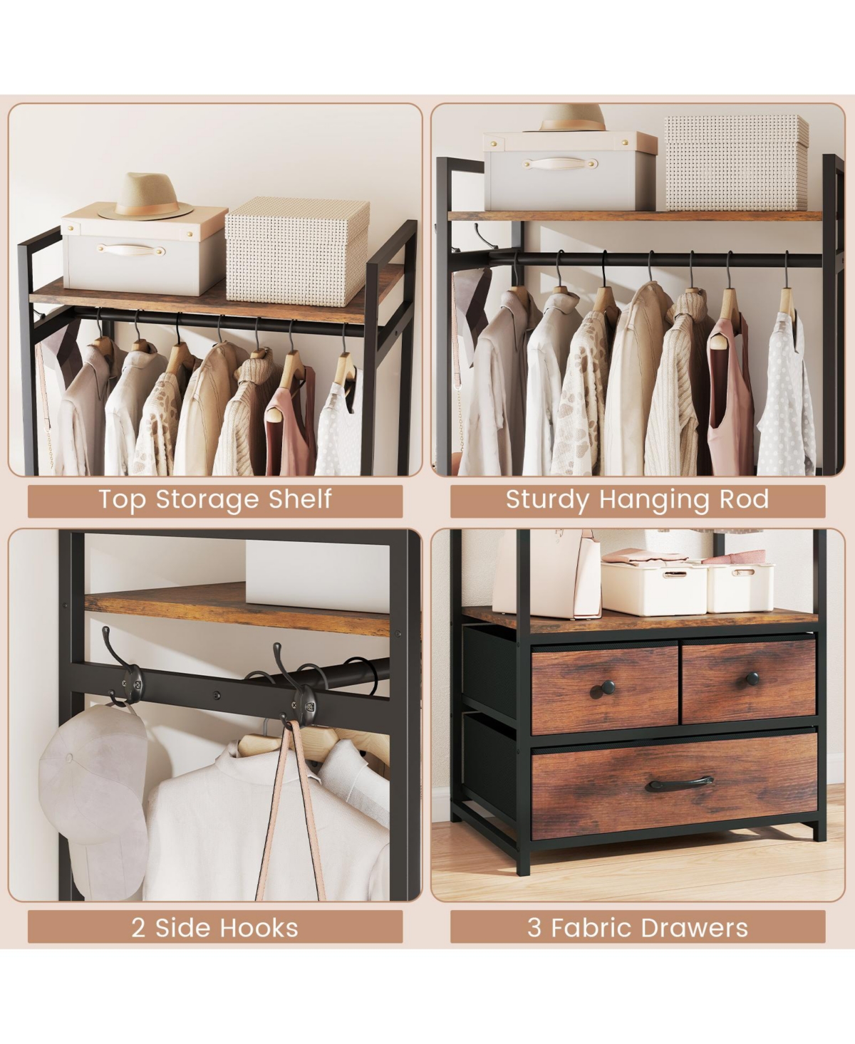 Slickblue Metal Clothes Rack with Storage Drawers and Hooks