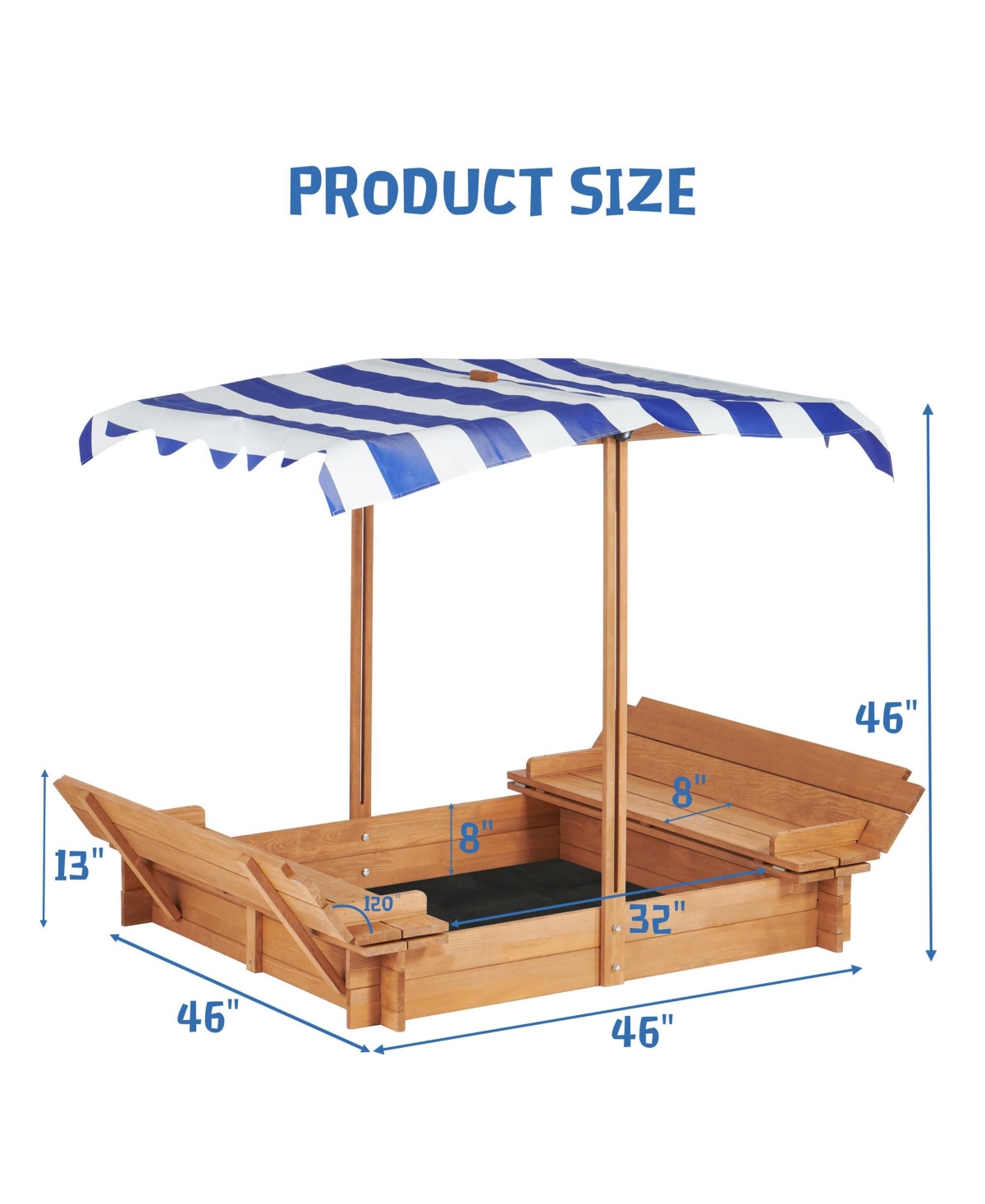 Clihome 46" Wooden Sand Box With 2 Foldable Bench Seats, Kids Sandbox With Adjustable Cover