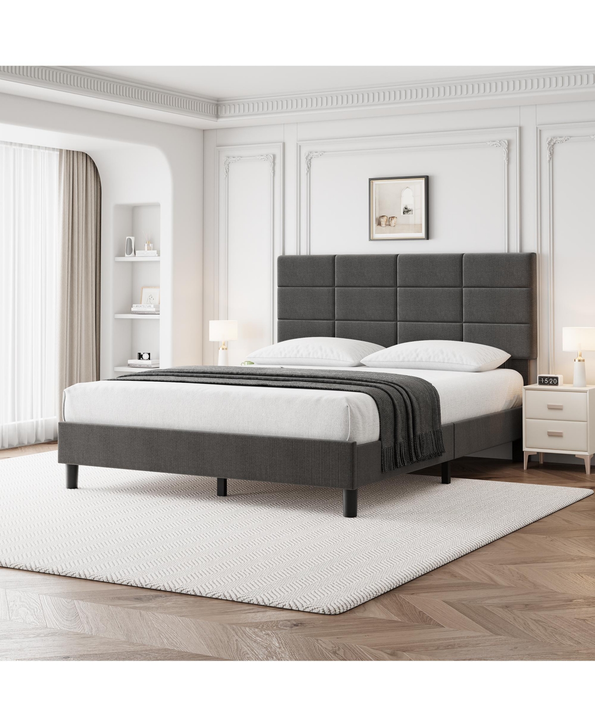homfan Linen Upholstered Platform Bed Frame with Adjustable Headboard, Wood Slat Support, Quiet Design