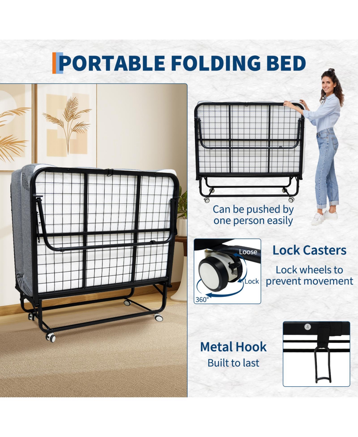 homfan Folding Bed with 5 in Memory Foam Mattress, Rollaway Guest Bed on Wheels