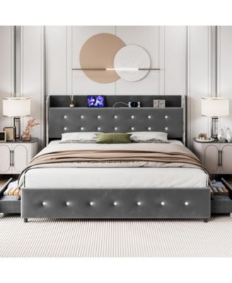 Bed Frame with Headboard Shelf and Charging Station and 4 Storage Drawers, Upholstered Platform Bed Frame