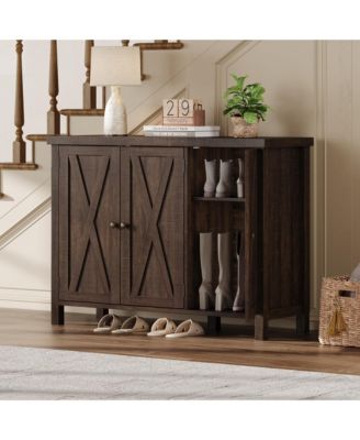 Farmhouse Shoe Storage Cabinet with 3 Barn Doors, Freestanding Narrow Shoe Rack Organizer with Adjustable Shelves, Ideal for Entryway