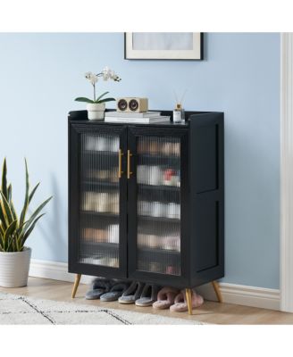 Modern 5-Tier Shoe Cabinet with Glass Double Doors Adjustable Shelves, Sturdy Support Legs, Entryway Storage Organizer for Hallway, Living Room