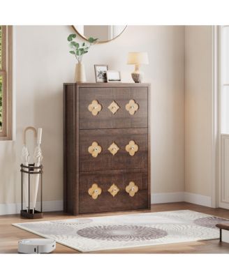 Slim Shoe Cabinet with Flip Drawers, Hollow Floral Design and Diamond Handles, Freestanding Hidden Organizer for Hallway and Foyer