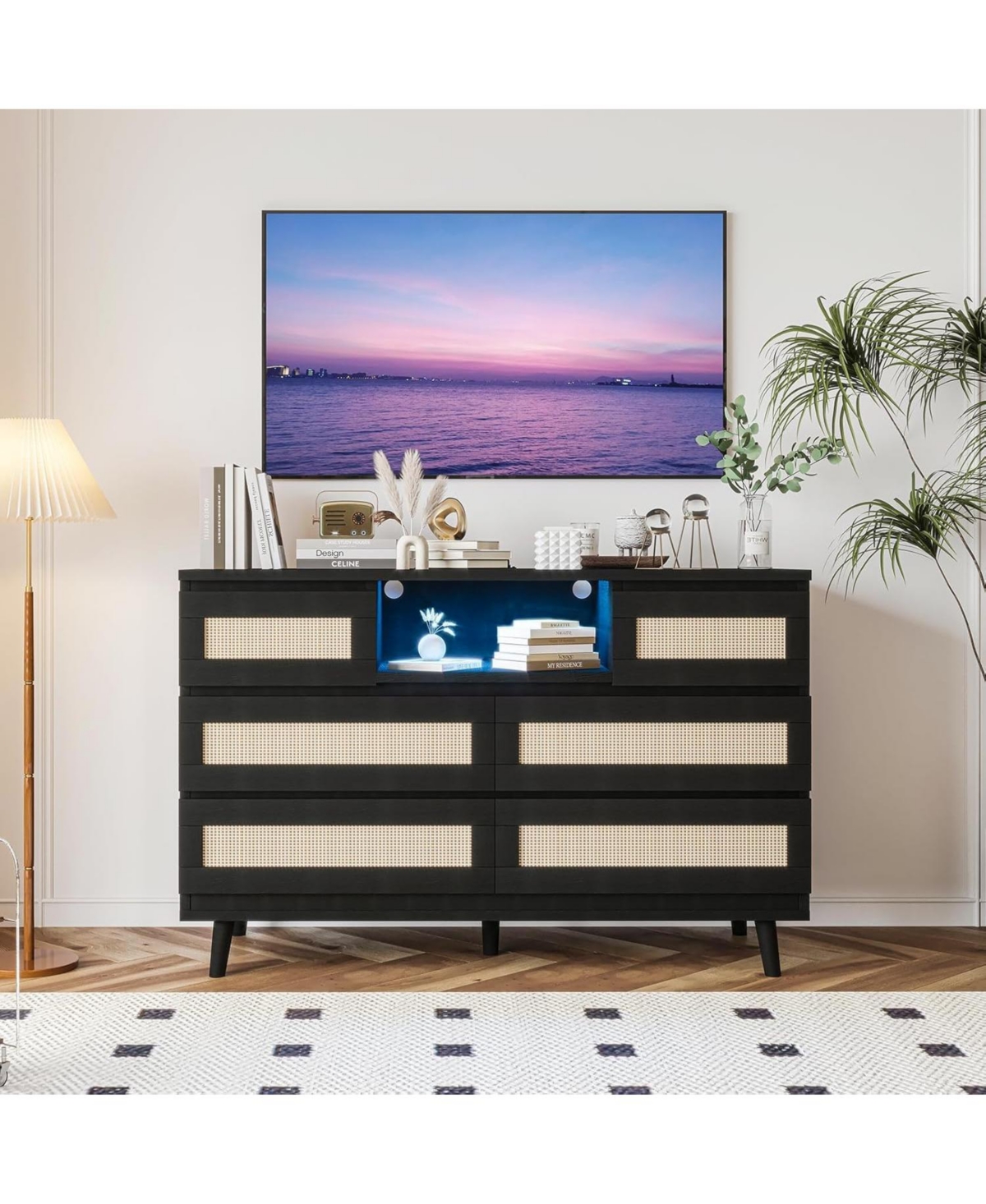 homfan Rattan 6-Drawer Dresser with Led Lights and Charging Station, 47 Wide Storage Cabinet for Bedroom, Living Room, Entryway