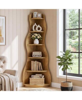 6-Tier Modern Wavy Corner Shelf, 68.9-Inch Wall Corner Display Bookshelf, Unique Tall Bookcase Storage Rack Plant Stand