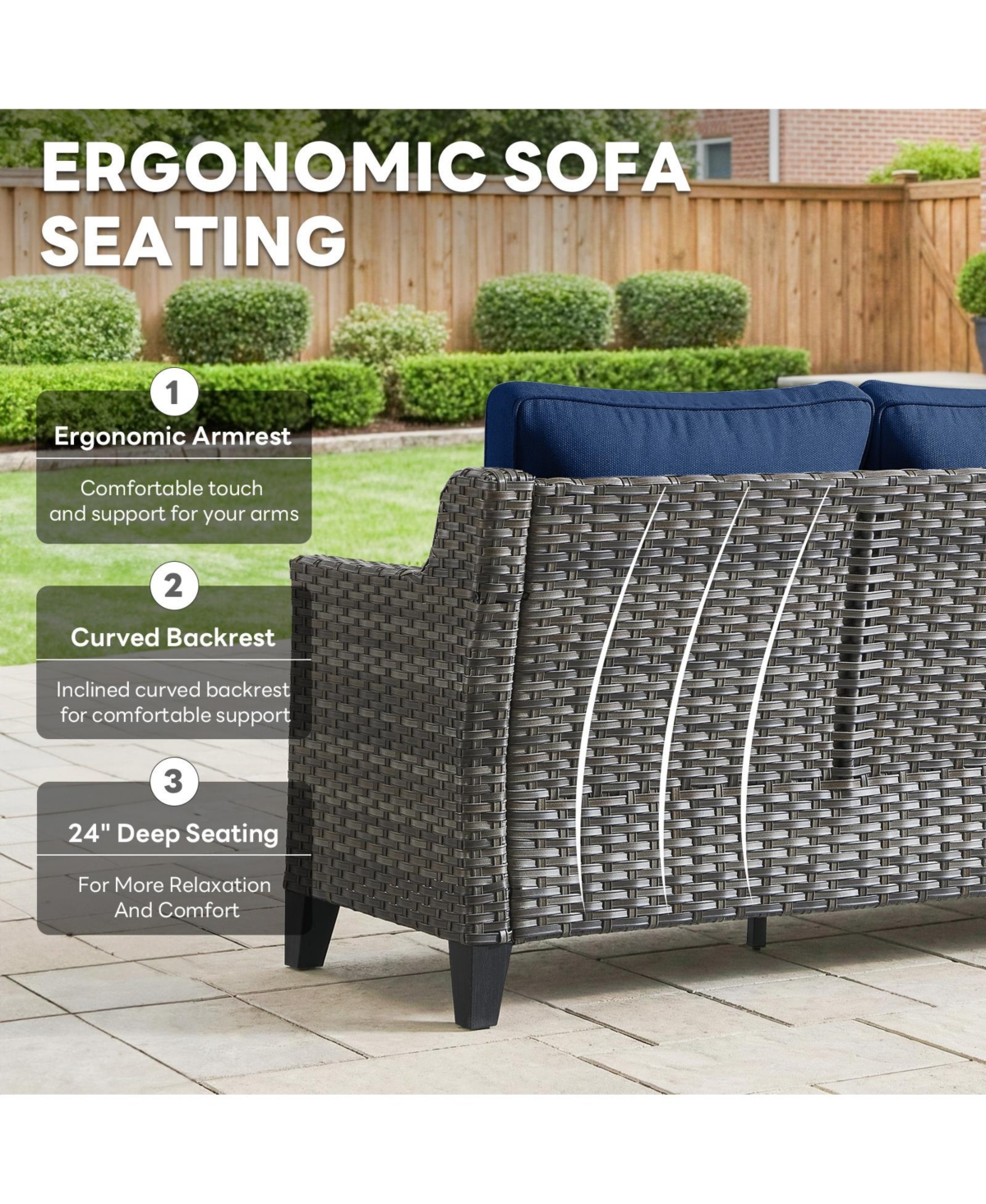 Pocassy Outdoor Couch Patio Furniture - Wicker Sofa 3-Seat Rattan Couch Gray Rattan Sofa with Wide Armest and Olefin Cushions