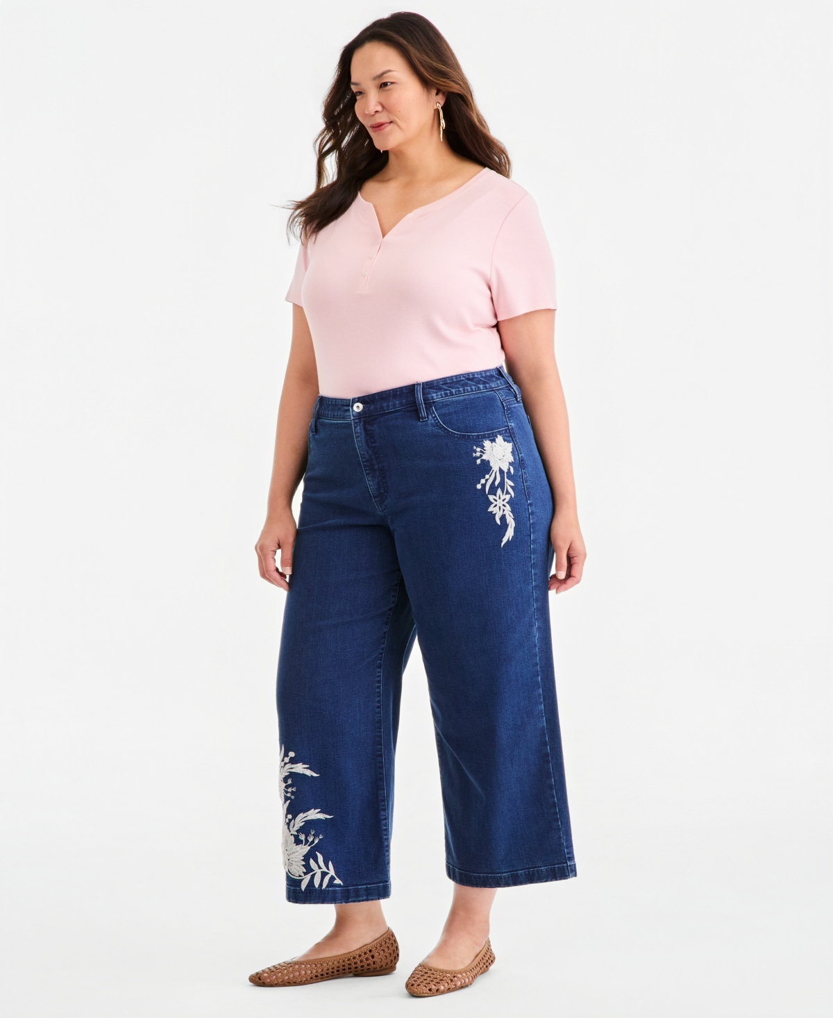 Style & Co Plus High-Rise Wide-Leg Embroidered Ankle Jeans, Macy's Exclusive