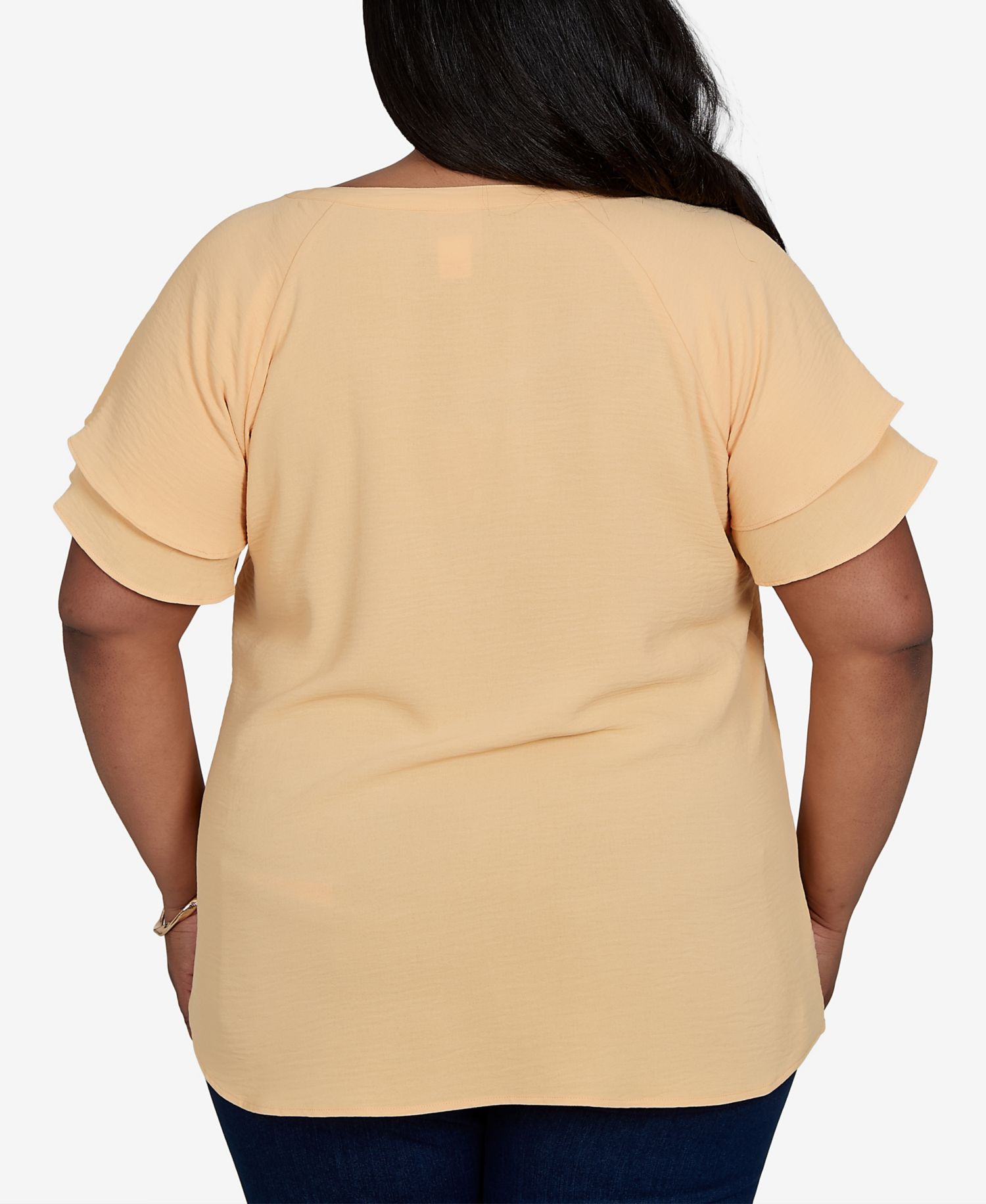Plus Size Solid Crinkle Double Flutter-Sleeve Top