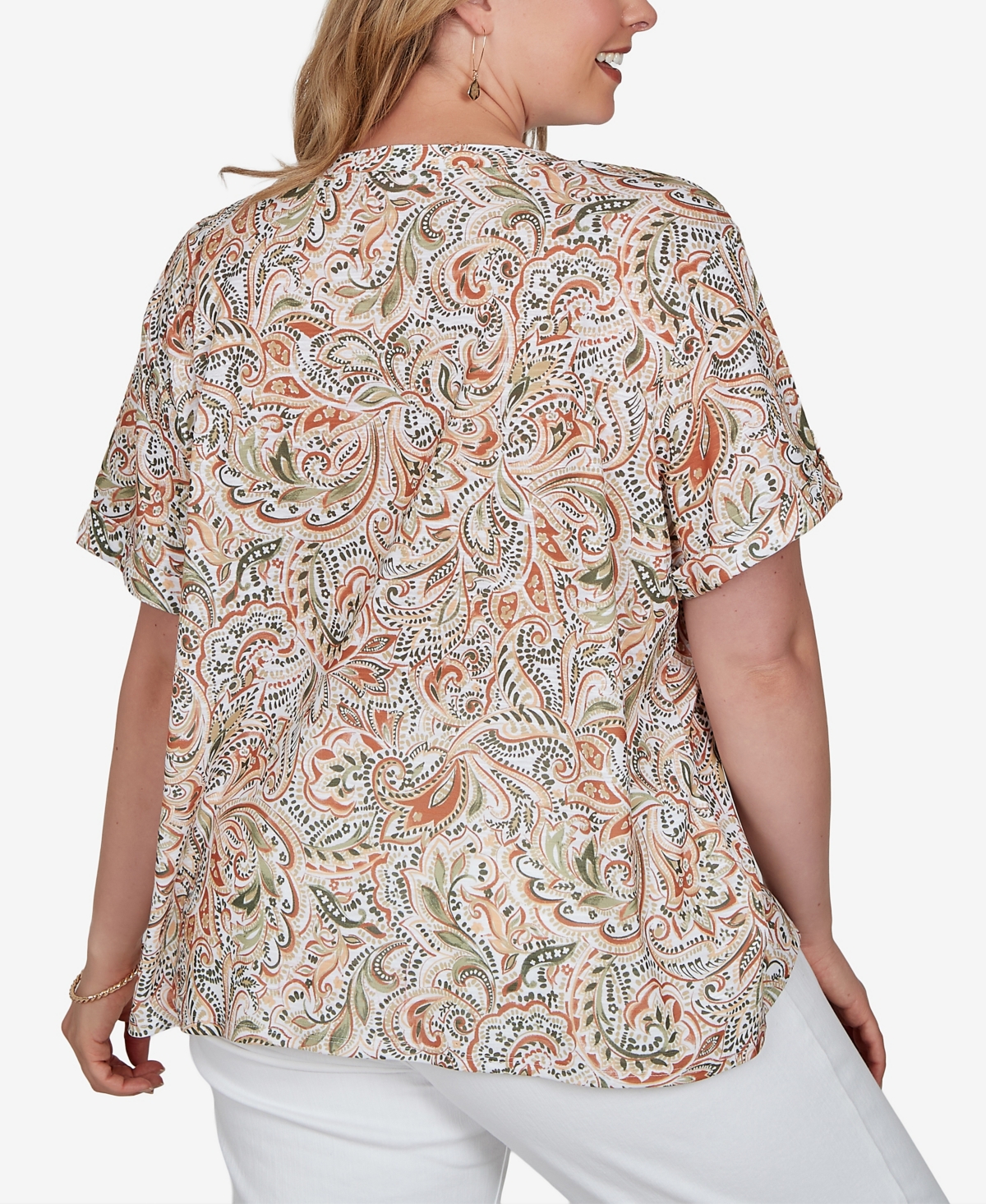 Hearts Of Palm Plus Printed Double-Button Slub Top