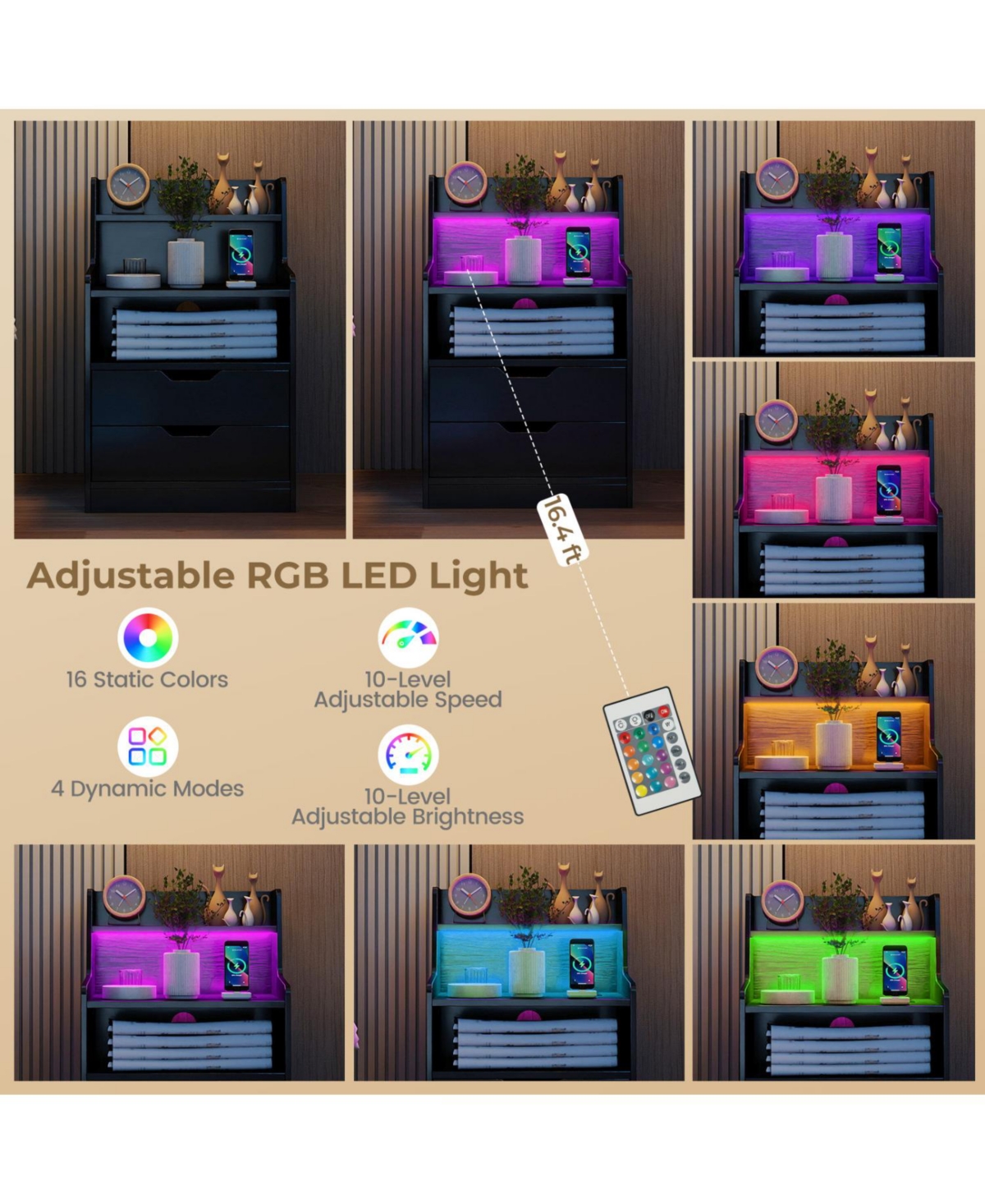 Slickblue Modern Nightstand with Led Light and Usb Charging for Bedside Use