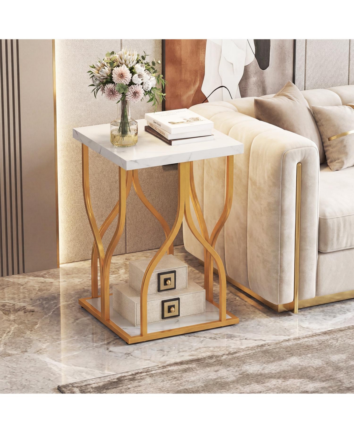 Slickblue Faux Marble Nightstand With Stylish Petal Metal Base