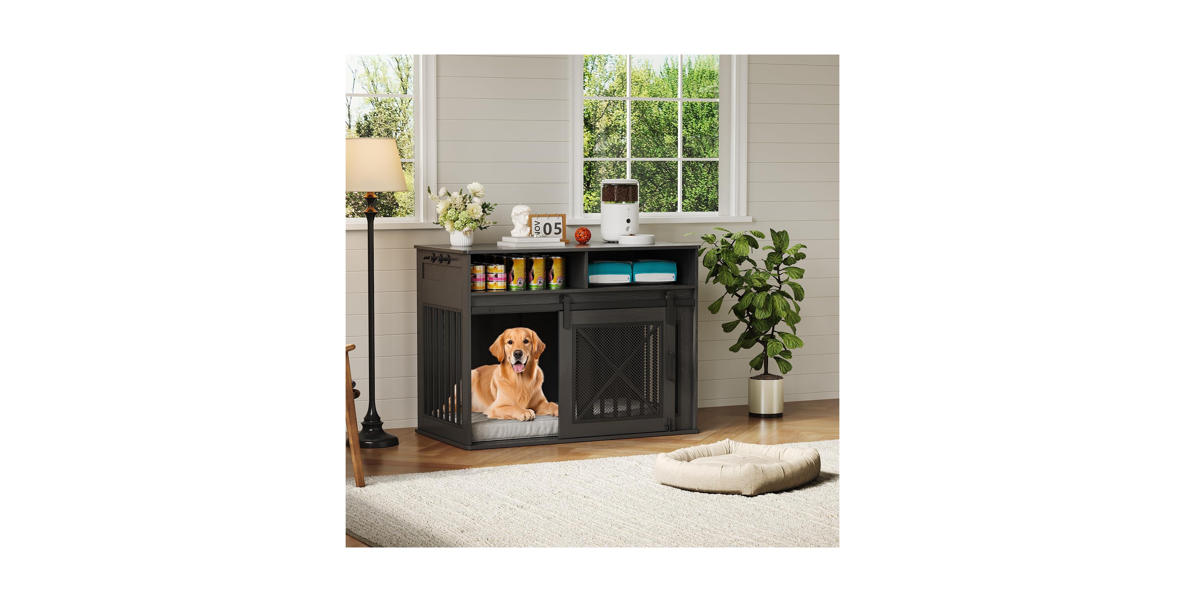gaomon 44.5'' Dog Crate Furniture with Storage Drawers, Wooden Double Dog Cage Tv Stand with 2 Sliding Barn Doors
