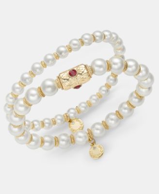 Glass and Faux Pearl Stretch Bracelet, Set of Two