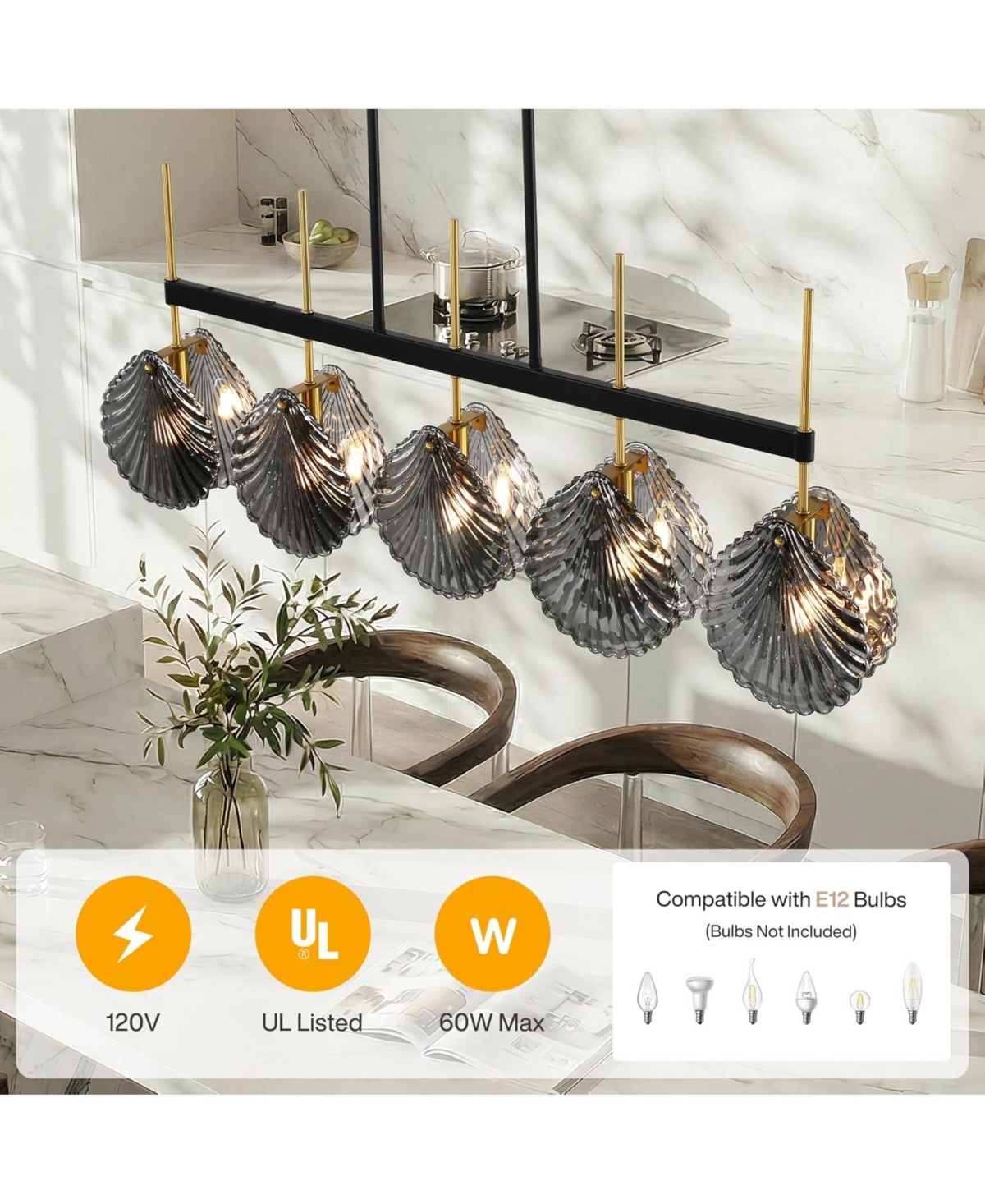 Tribesigns Island Light for Kitchen, 5-Light Dining Room Chandeliers With Smoky Gray Glass Shades For Dining Room Or Kitchen Island