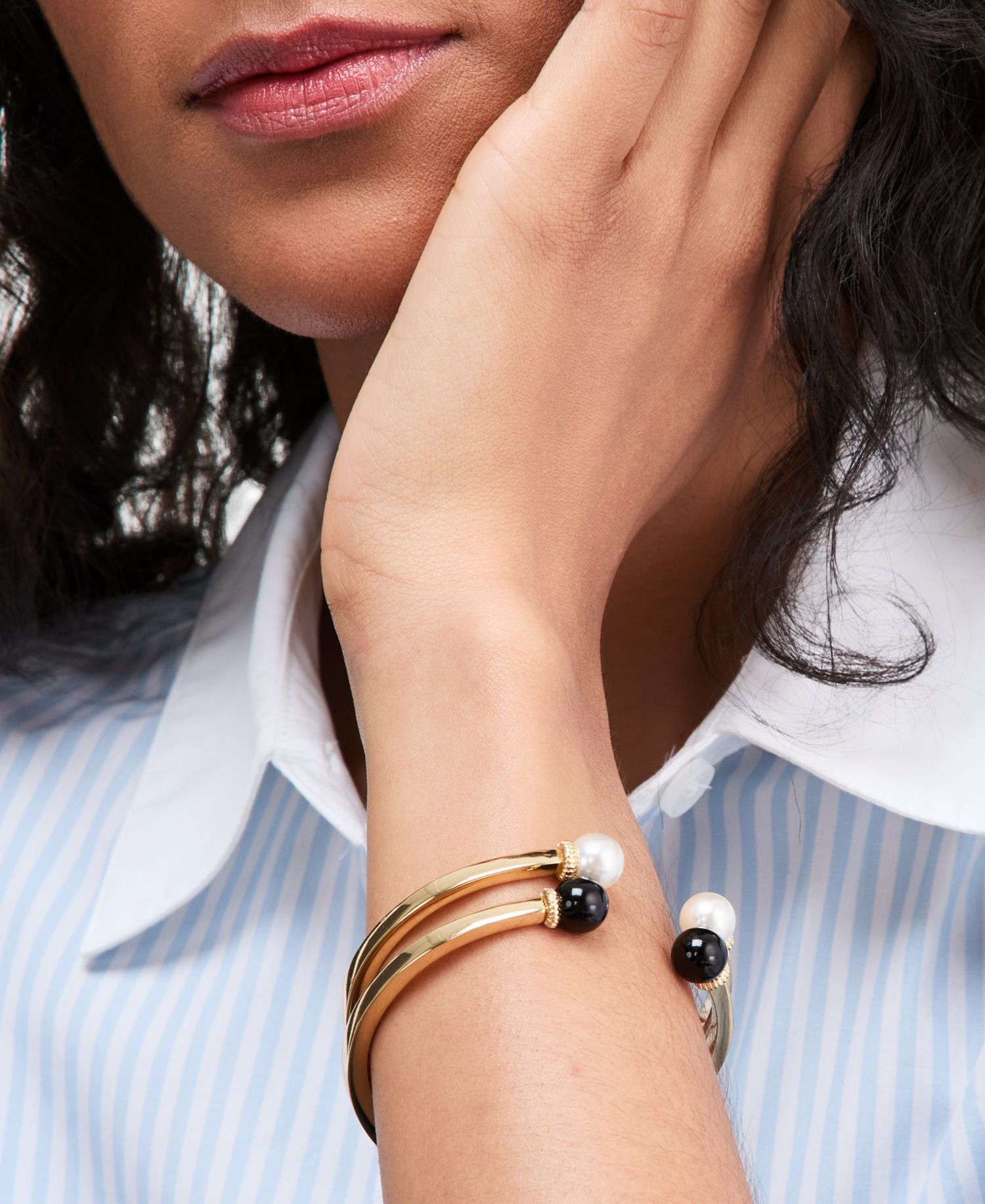 Glass and Faux Pearl Bangle Bracelet, Set of Two