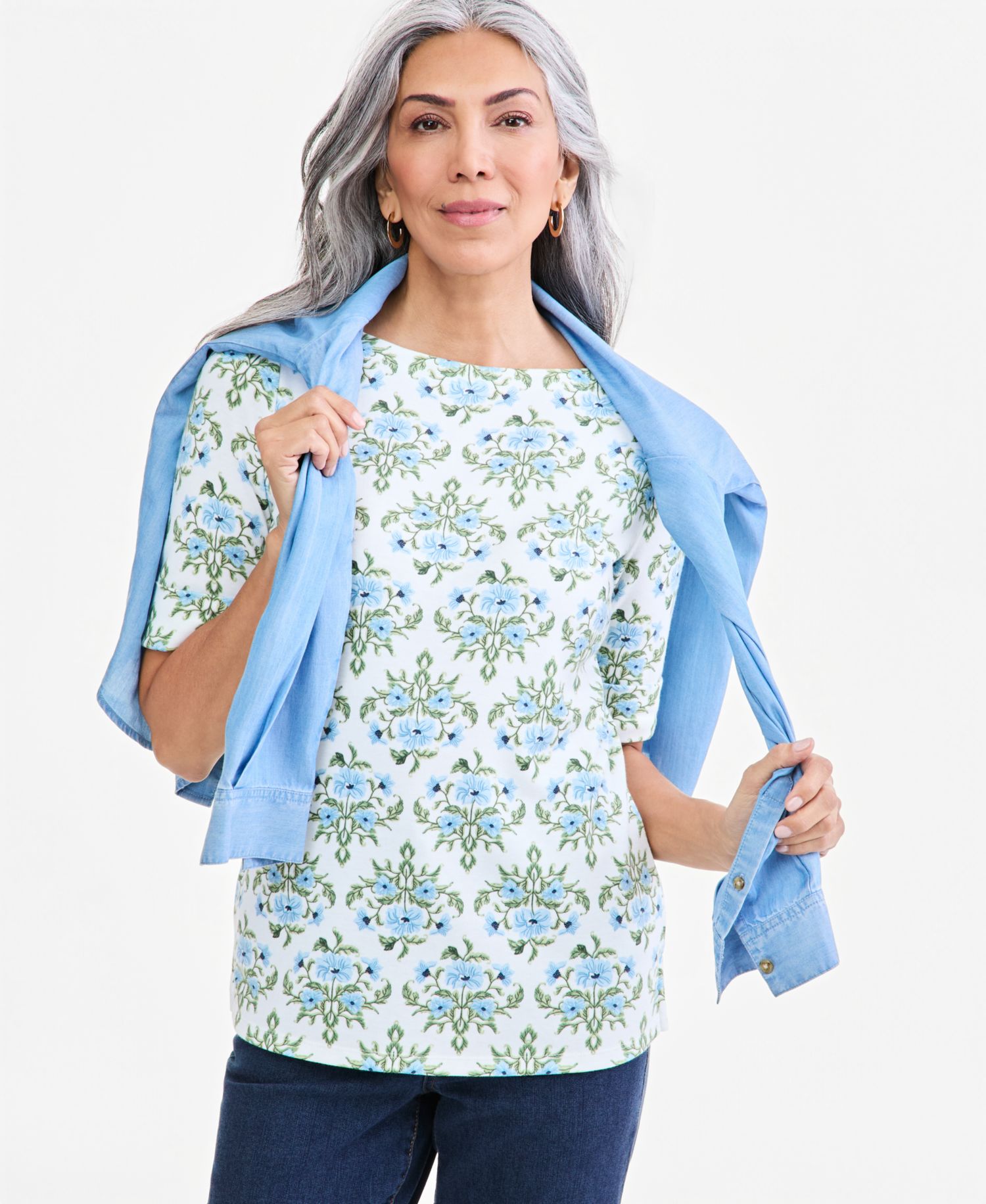 Women's Printed Boat-Neck Elbow Sleeve Top