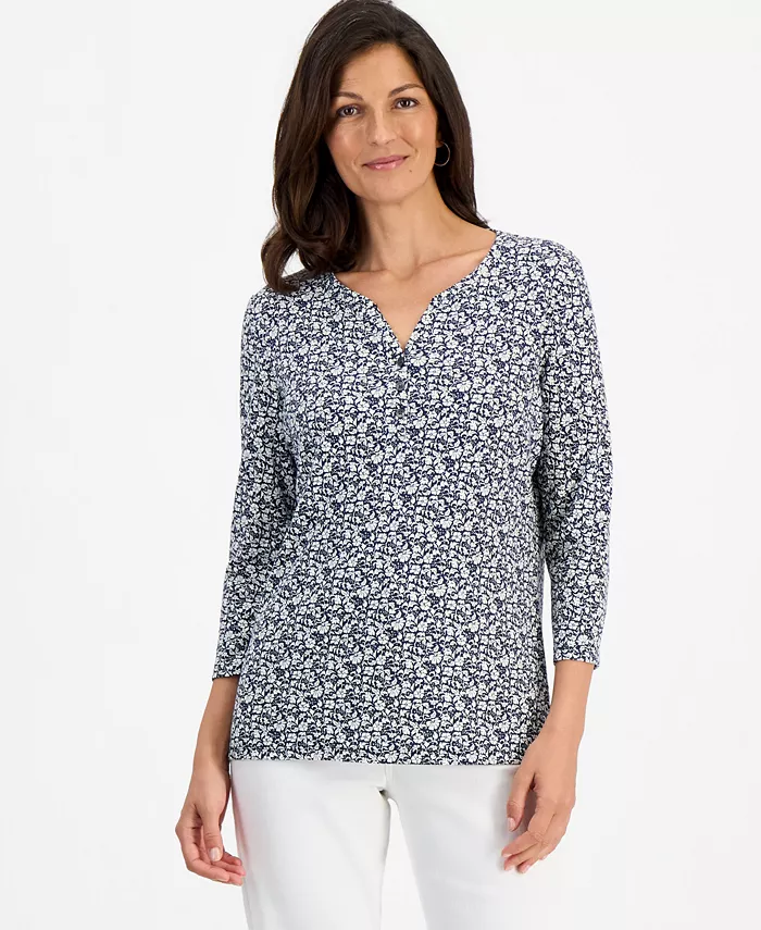 Women's Printed 3/4 Sleeve Henley Top - thumbnail 5