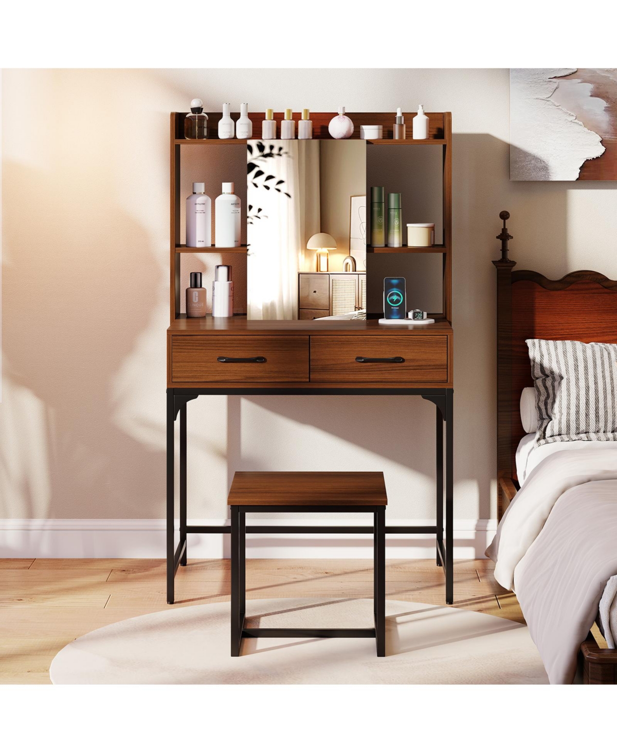 Slickblue Makeup Vanity Desk with Drawers, Built-In Charging Station, and Step Stool
