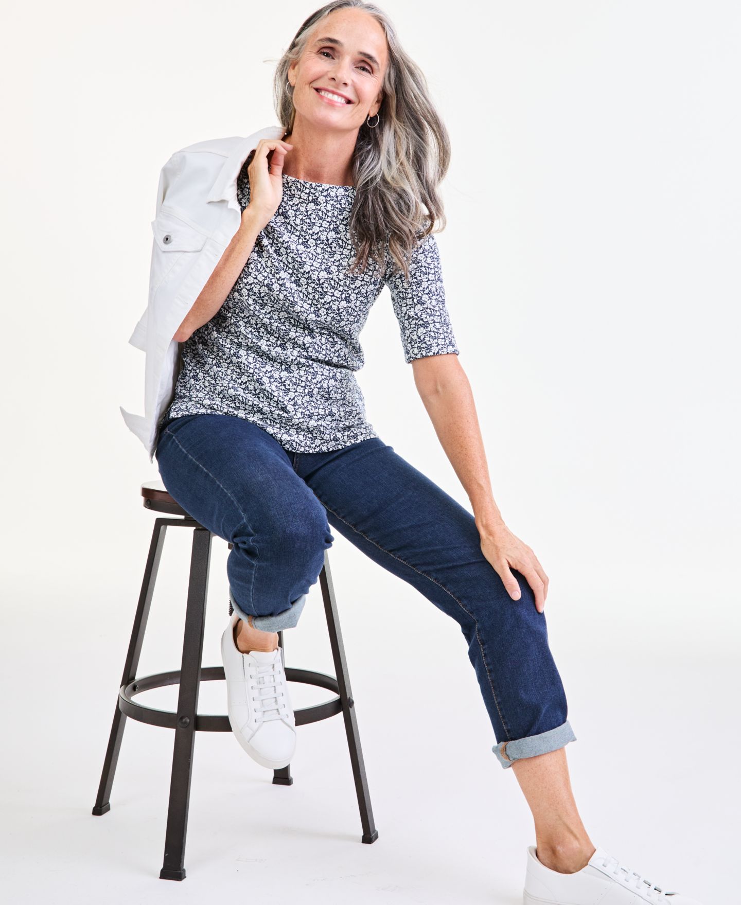 Женский топ Style & Co Printed Boat-Neck Elbow Sleeve Top, цвет: Синий — фото 3