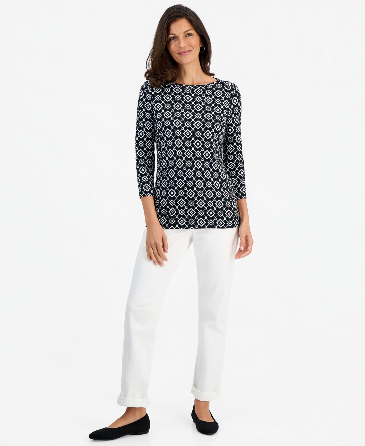 Женский топ Style & Co Printed Pima Cotton 3/4-Sleeve Boat Neck Top, цвет: Глубокий чёрный — фото 3