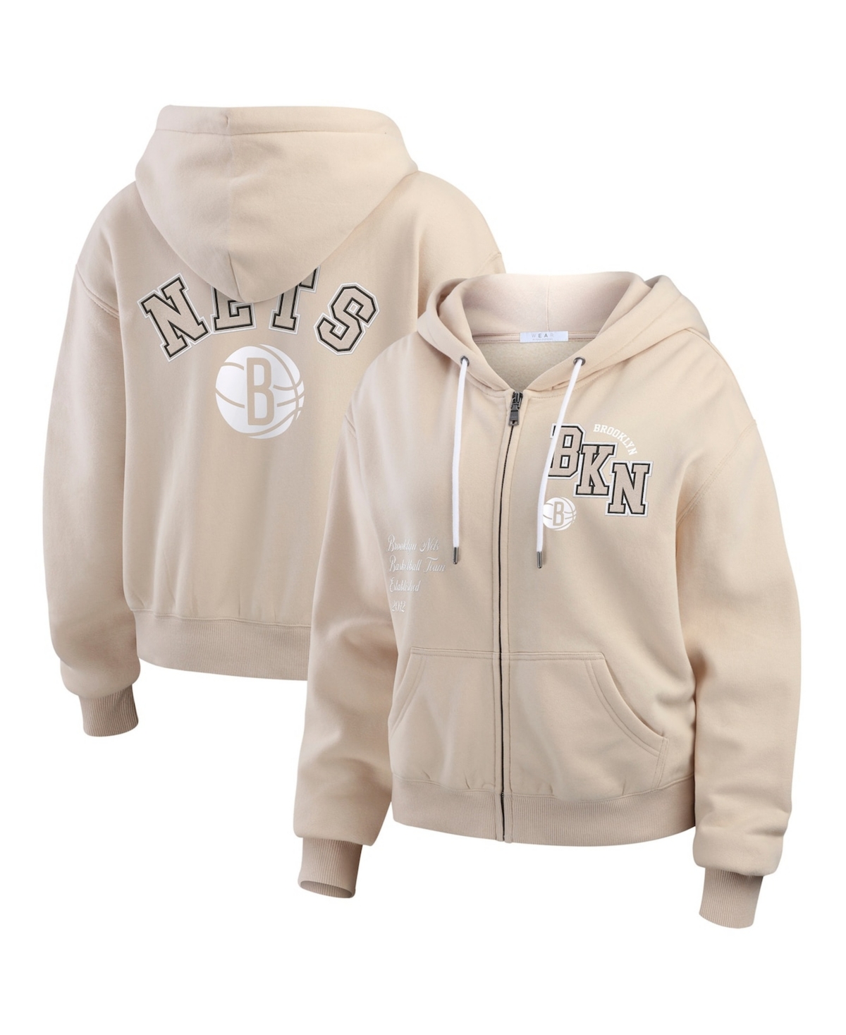 Wear by Erin Andrews Women's Tan Brooklyn Nets Tonal Felt Patch Full-Zip Hoodie