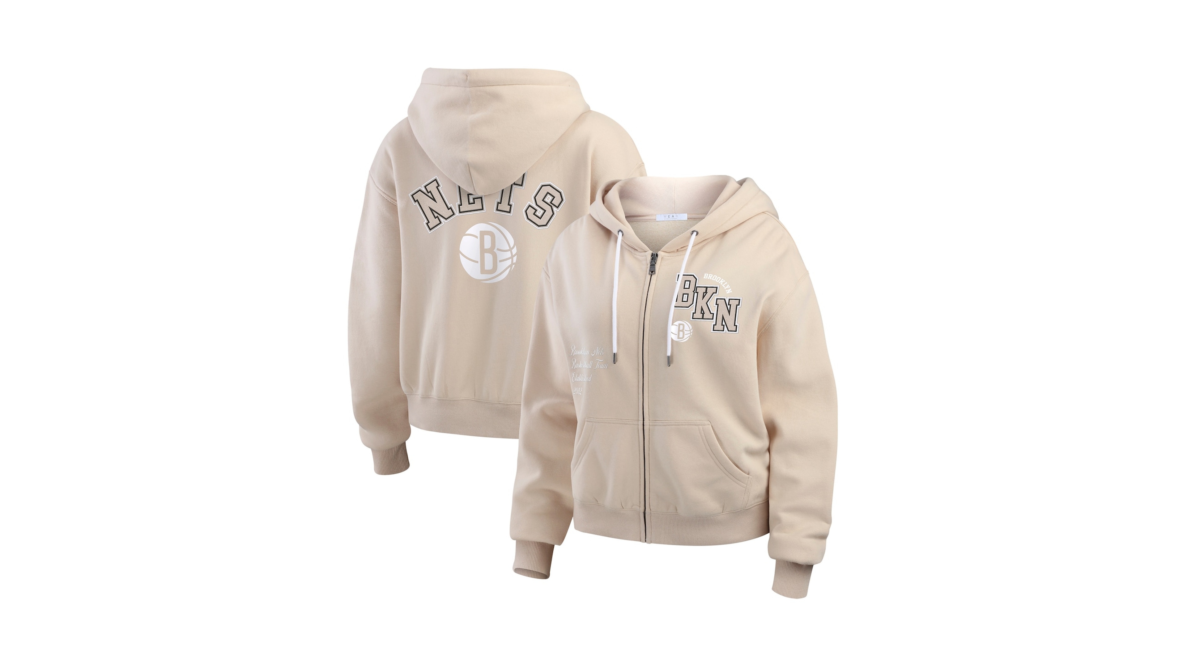 Wear by Erin Andrews Women's Tan Brooklyn Nets Tonal Felt Patch Full-Zip Hoodie