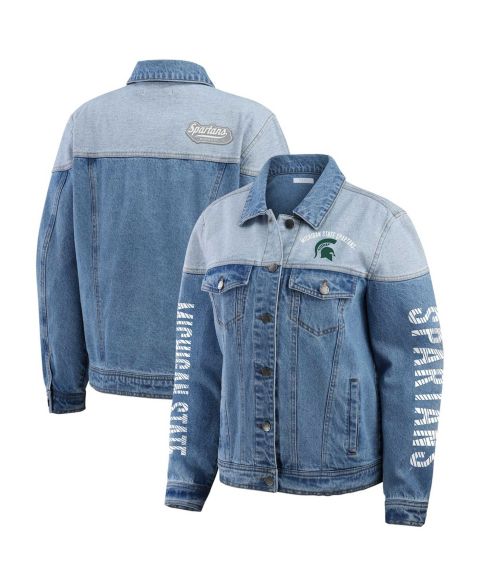 Женские куртки WEAR by Erin Andrews Women's Denim Michigan State Spartans Sleeve Hit Color Block Button-Down Denim Jacket
