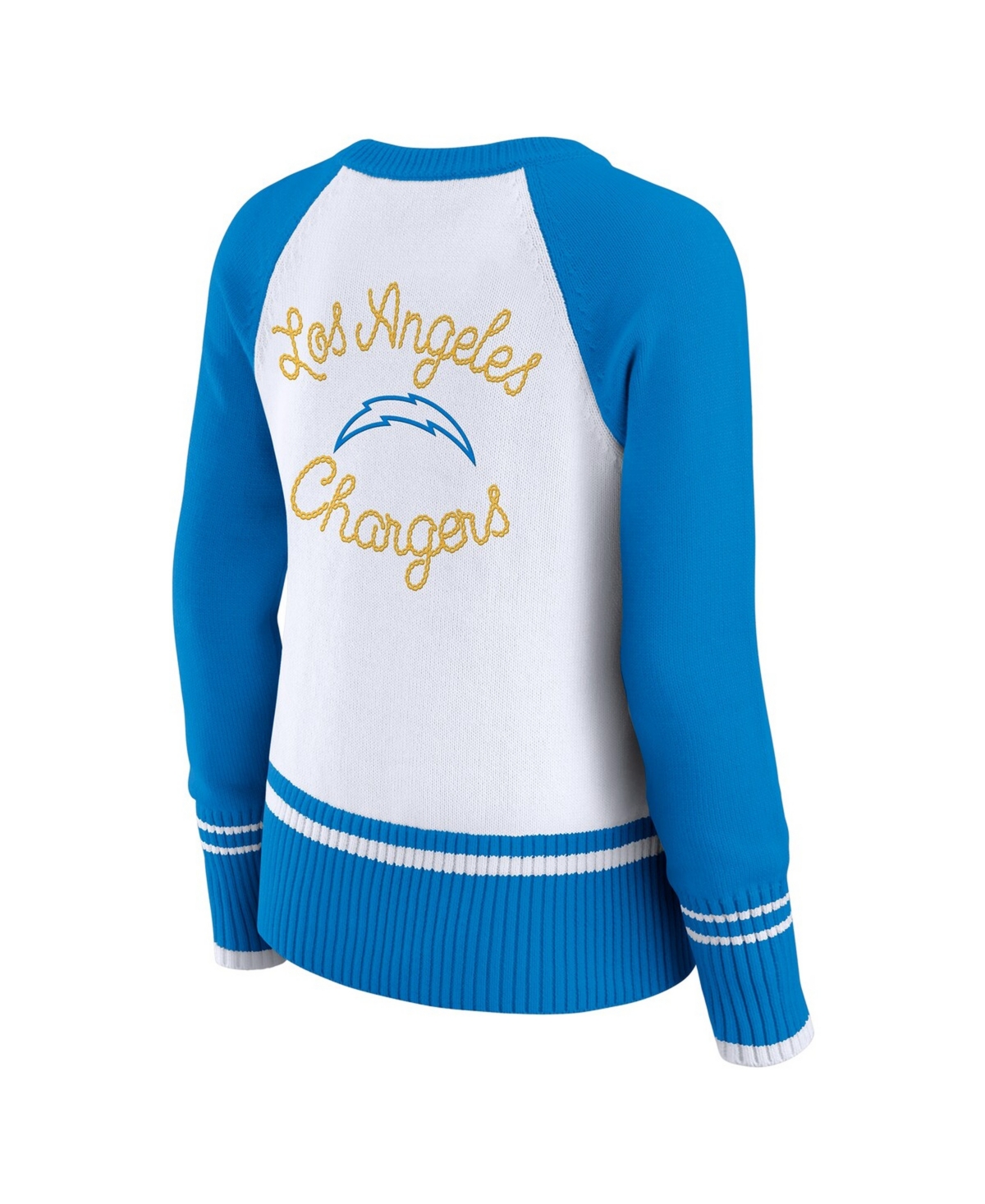 Wear by Erin Andrews Women's White/Powder Blue Los Angeles Chargers Colorblock Raglan Sweater