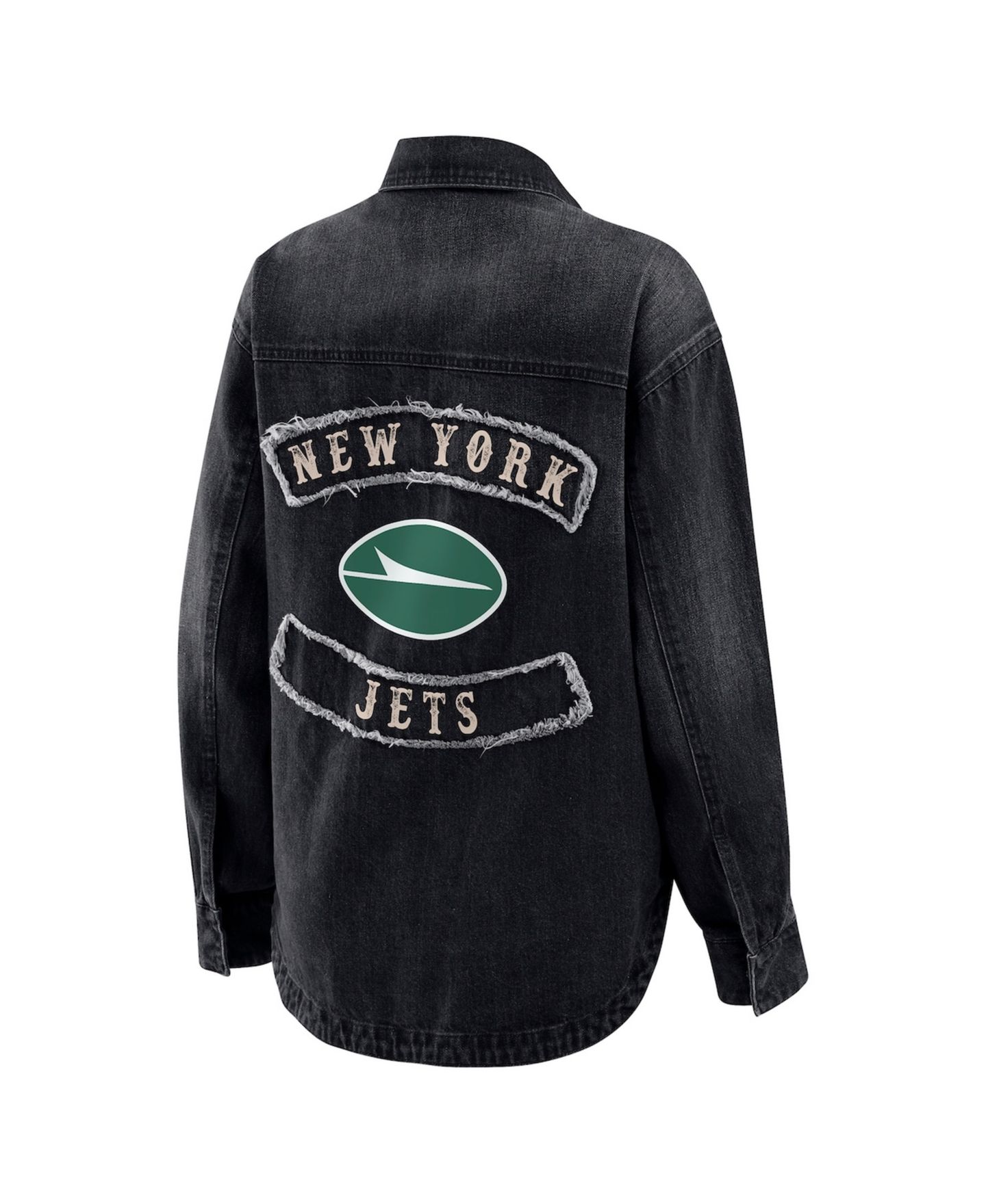 Женские куртки WEAR by Erin Andrews Black New York Jets Washed Oversized Denim Full-Snap Shacket — фото 3