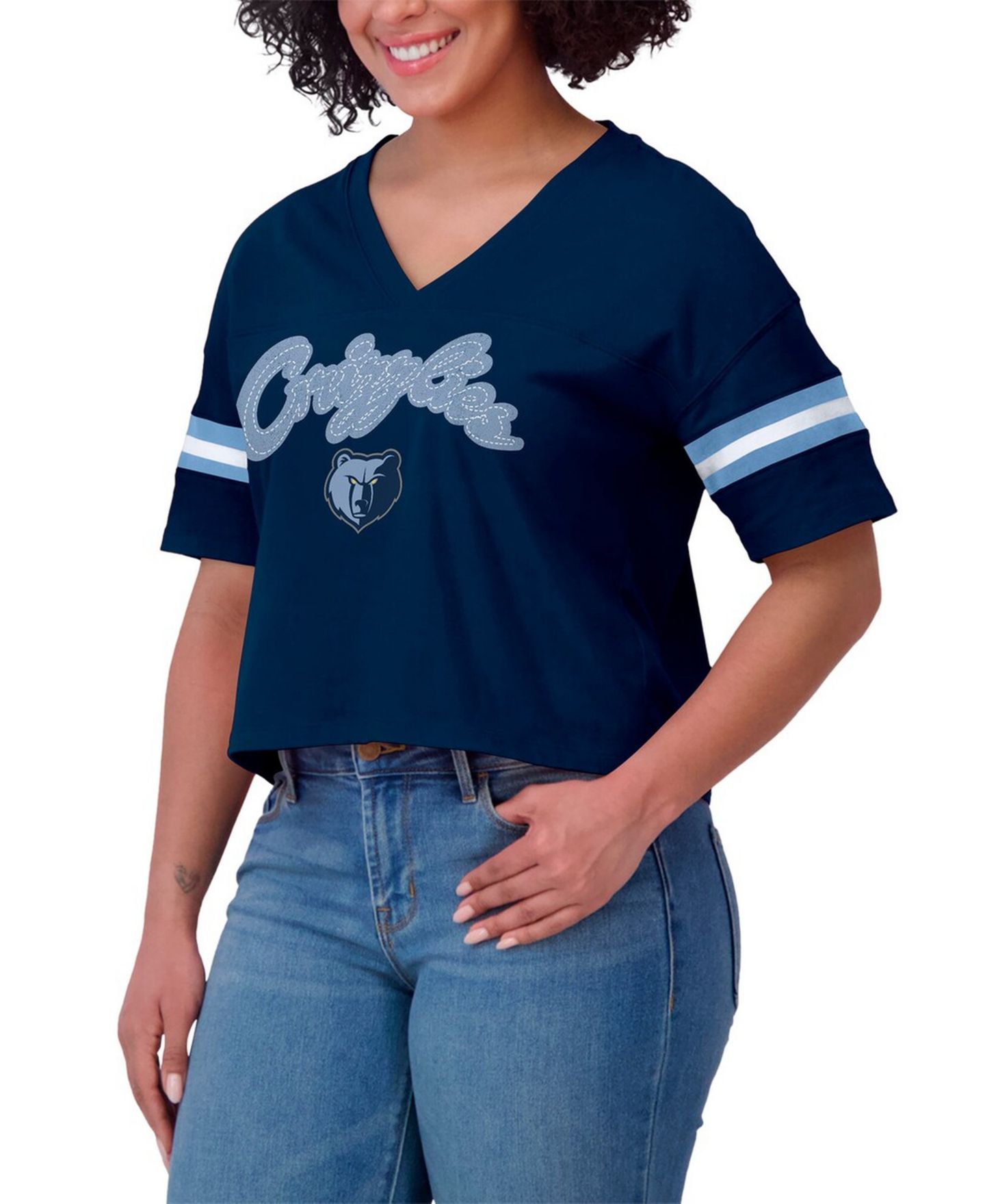 Женская футболка WEAR by Erin Andrews Navy Memphis Grizzlies Plus Size Color Block Boxy V-Neck — фото 4