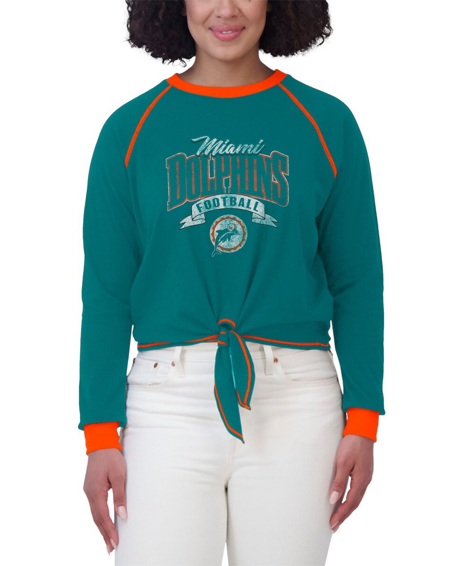 Women's Aqua/Orange Miami Dolphins Tie-Front Long Sleeve Top