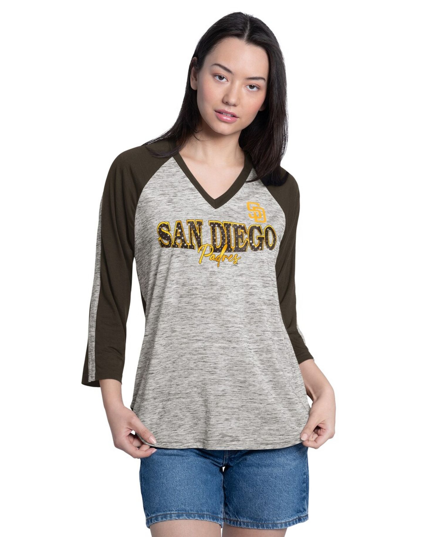 Women's Brown/Heather Brown San Diego Padres Speed Training 3/4-Sleeve Rhinestone V-Neck T-Shirt