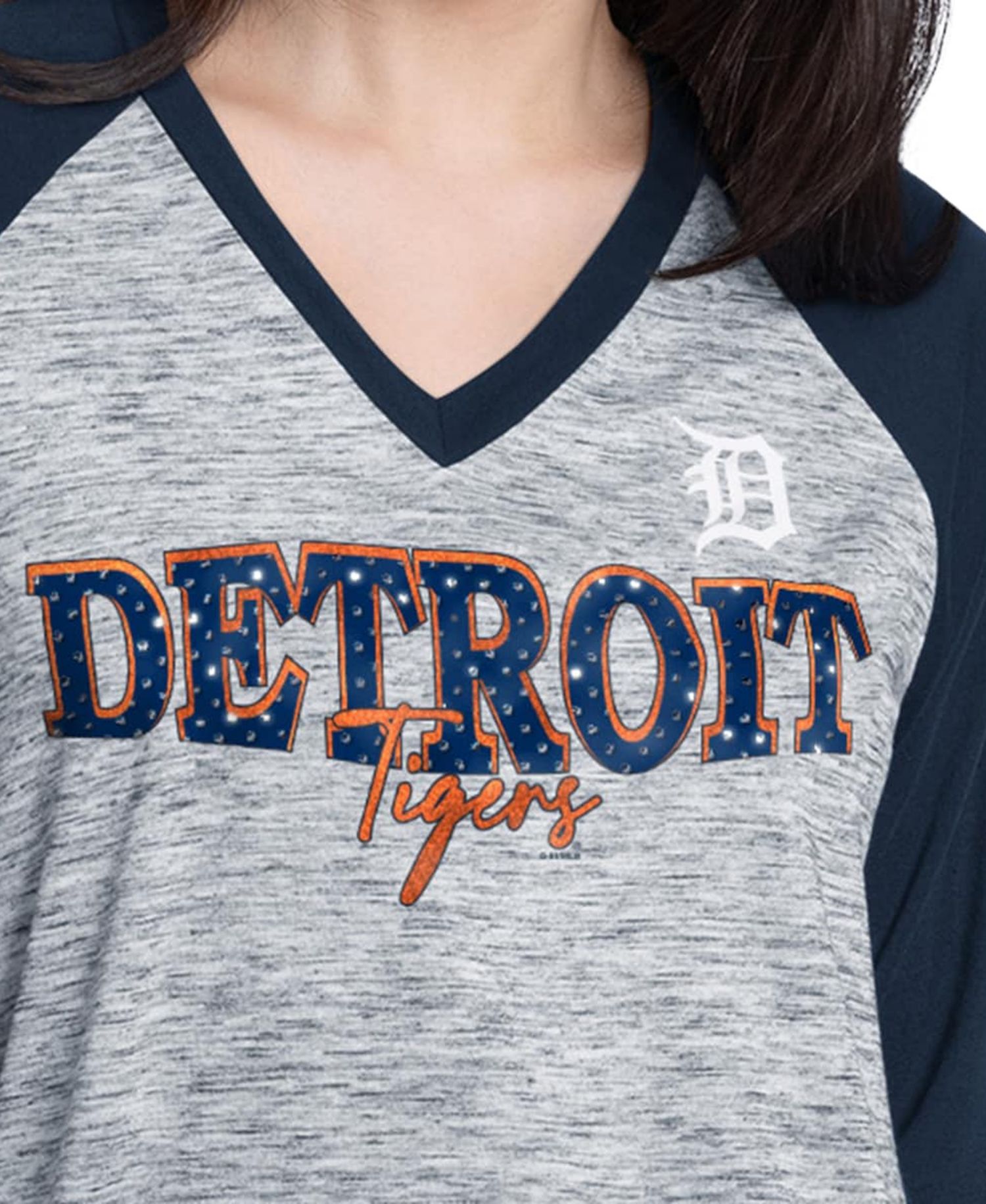 Women's Navy/Heather Navy Detroit Tigers Speed Training 3/4-Sleeve Rhinestone V-Neck T-Shirt