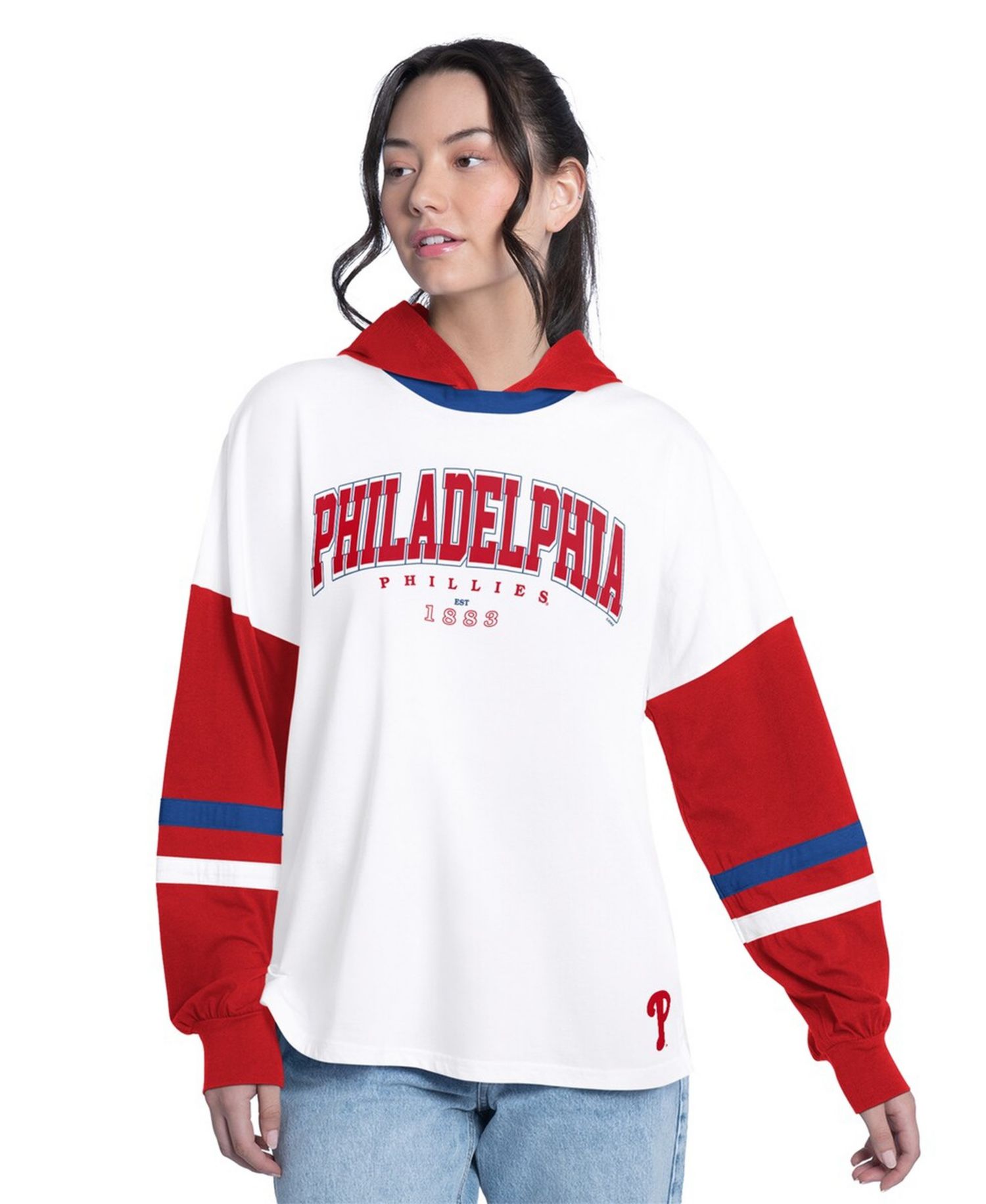 Women's White/Red Philadelphia Phillies Key Player Oversized Long Sleeve Hoodie