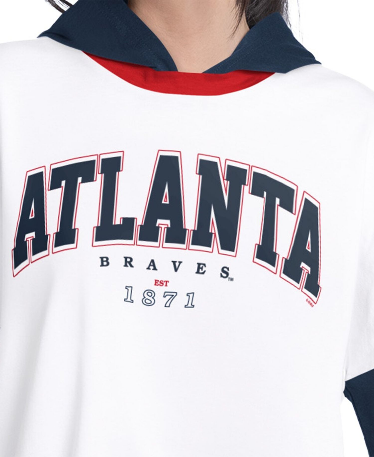 Women's White/Navy Atlanta Braves Key Player Oversized Hooded Long Sleeve T-Shirt