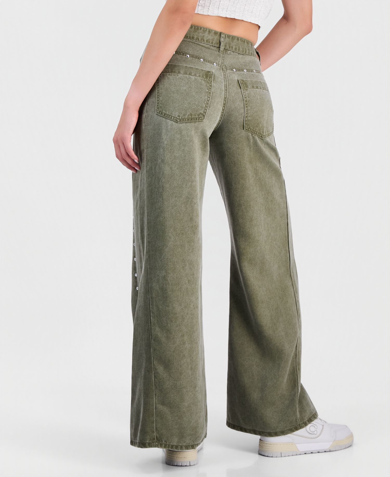 Juniors' High-Waisted Wide-Leg Studded Jeans