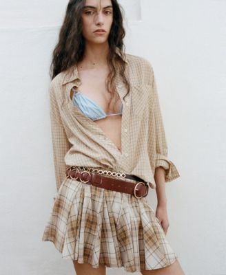 MANGO - Women's Pleated Check Skirt Brown