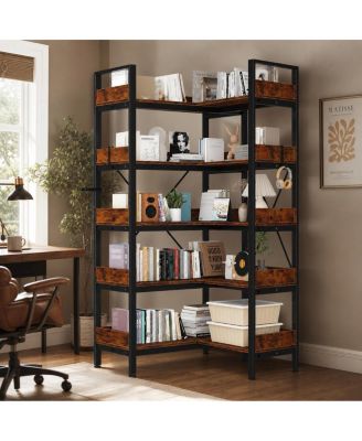  L-Shaped Corner Bookshelf - 5-Tier Industrial Wooden Bookcase with Metal Frame, 4 Hooks and Adjustable Feet for Living Room