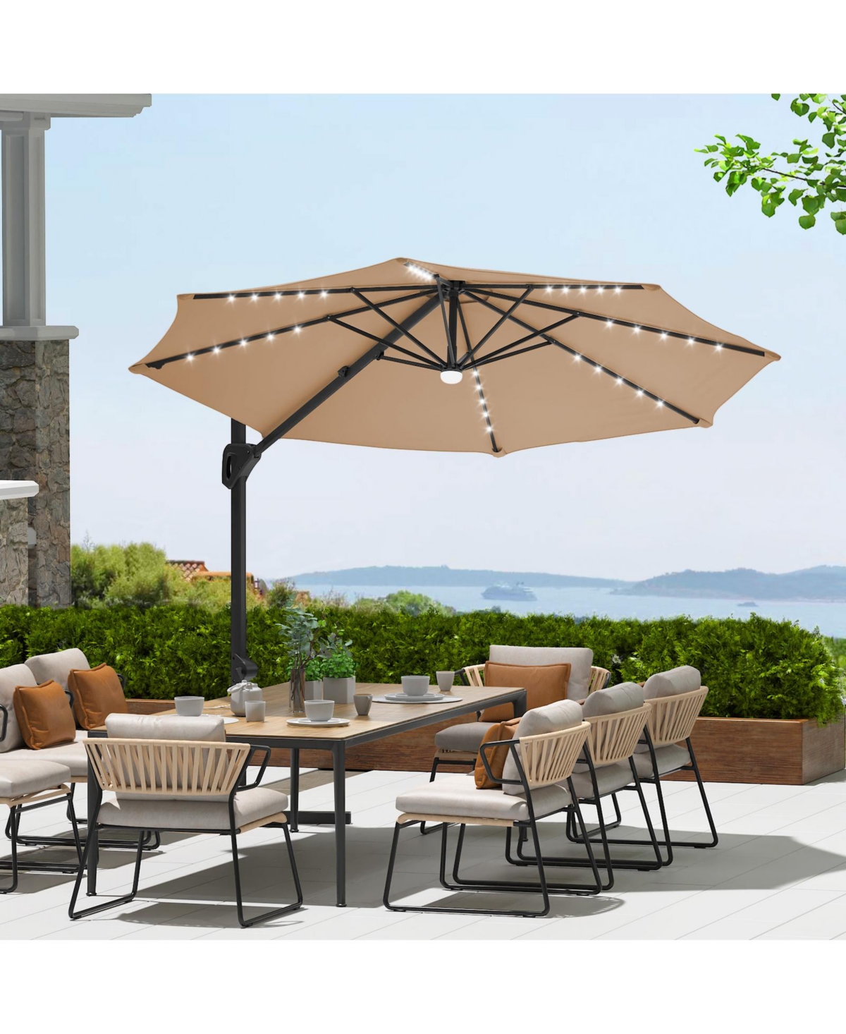 gaomon Solar Led Cantilever Patio Umbrella, 360degree(s) Rotation, Uv Protection for Backyard, Deck, Pool, with Base