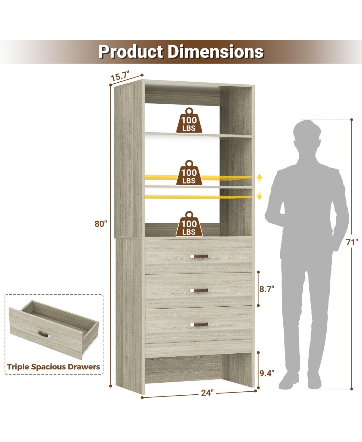 Aheaplus Bookshelf Cabinet with 3-Drawers and Shelves, Wooden Closet Organizer