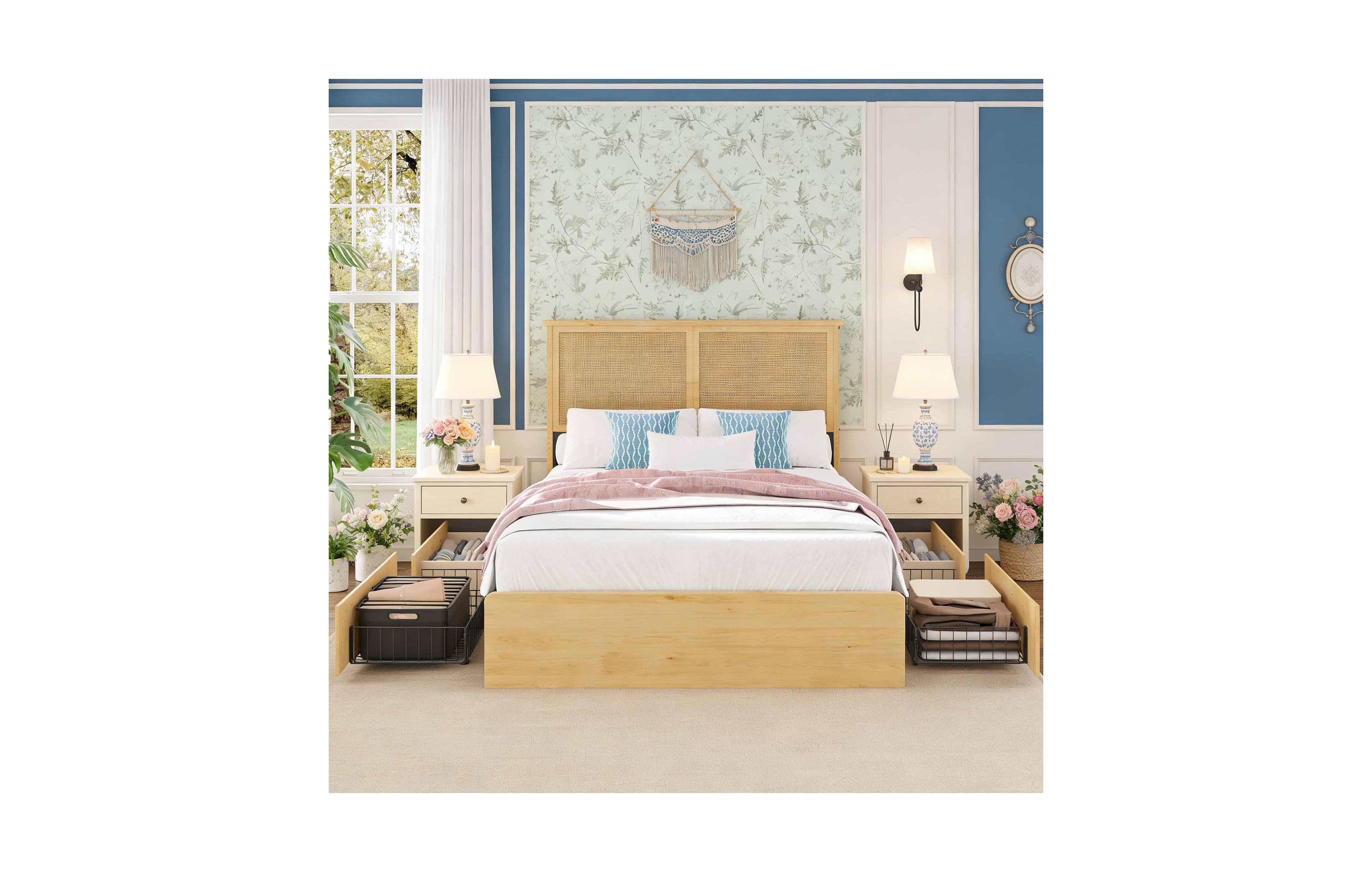 gaomon Bohemian Platform Bed Frame with Rattan Storage Headboard, Adjustable Led Lights, Wooden Support Legs, No Box Spring Needed