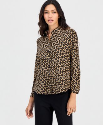 Petite Printed Button-Front Long-Sleeve Blouse