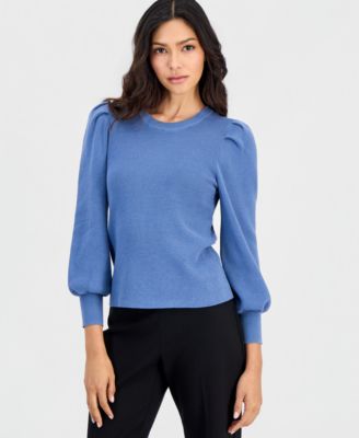Petite Long-Puff-Sleeve Crewneck Sweater