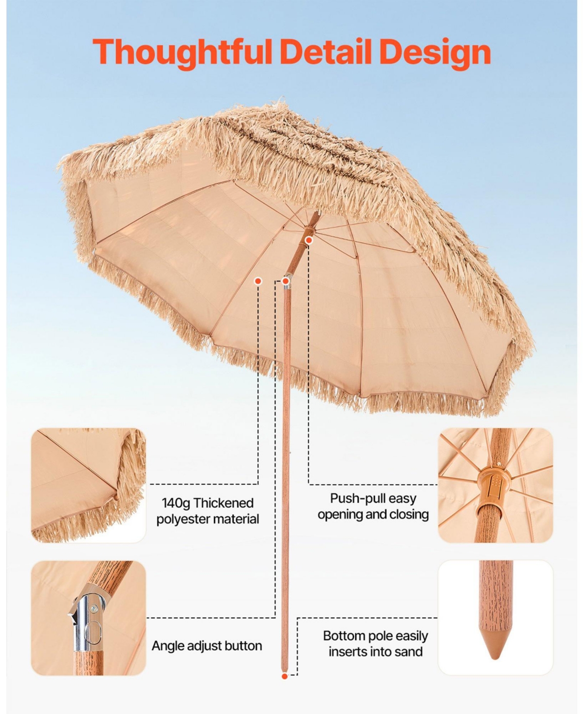 Cozito Tiki Umbrella, 8 feet Thatched Patio Umbrella with Tilt and 8 Metal Ribs
