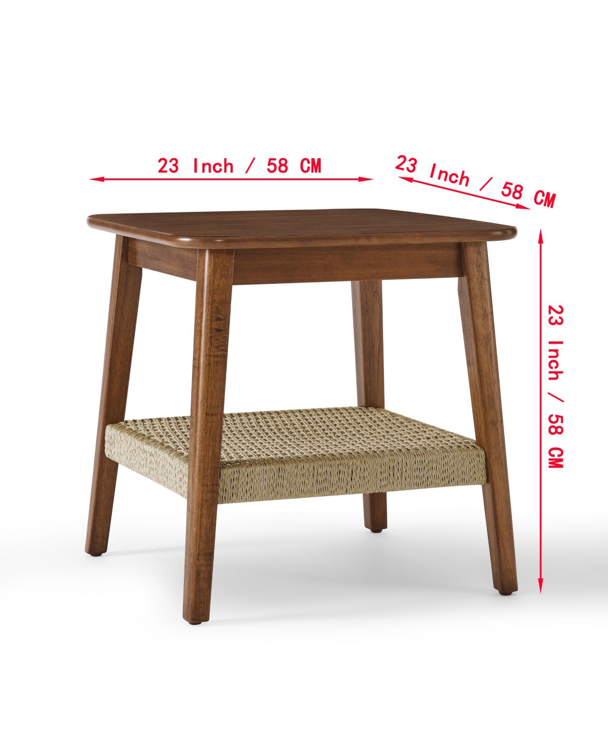 Rainsken 23" Square Wooden End Table with Woven Storage Shelf, Mid-Century Bedside Table, Nightstand for Living Room, Bedroom