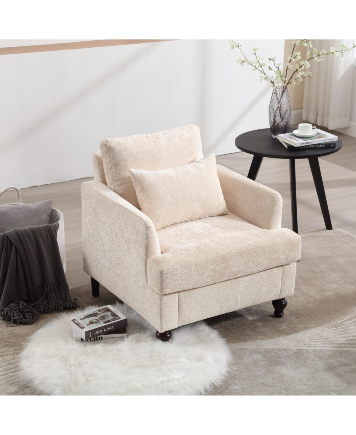 Rainsken Modern Accent Chair with Studded, Upholstered Chenille Armchair, Solid Wood Frame, for Living Room, Apartment, Bedroom