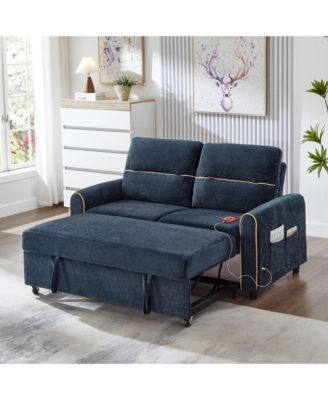 Convertible Sofa Bed, Chenille Pull Out Sleeper Couch with Adjustable Backrest, 4 Side Pockets and Charging Ports for Living Room