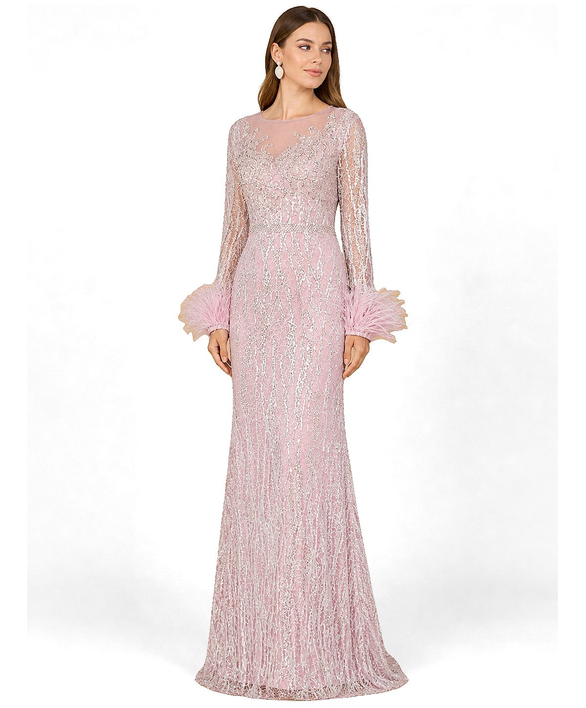 Lara Women's Long Sleeve Sheath Gown with Feathers view 3 — MAYCSS fashion products